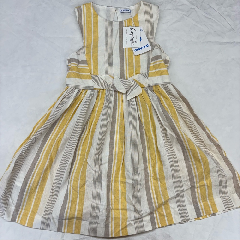 NEW Kids Mayoral Honey Stripes Dress Size 8 Linen Blend Size 8‎ Yellow Brown